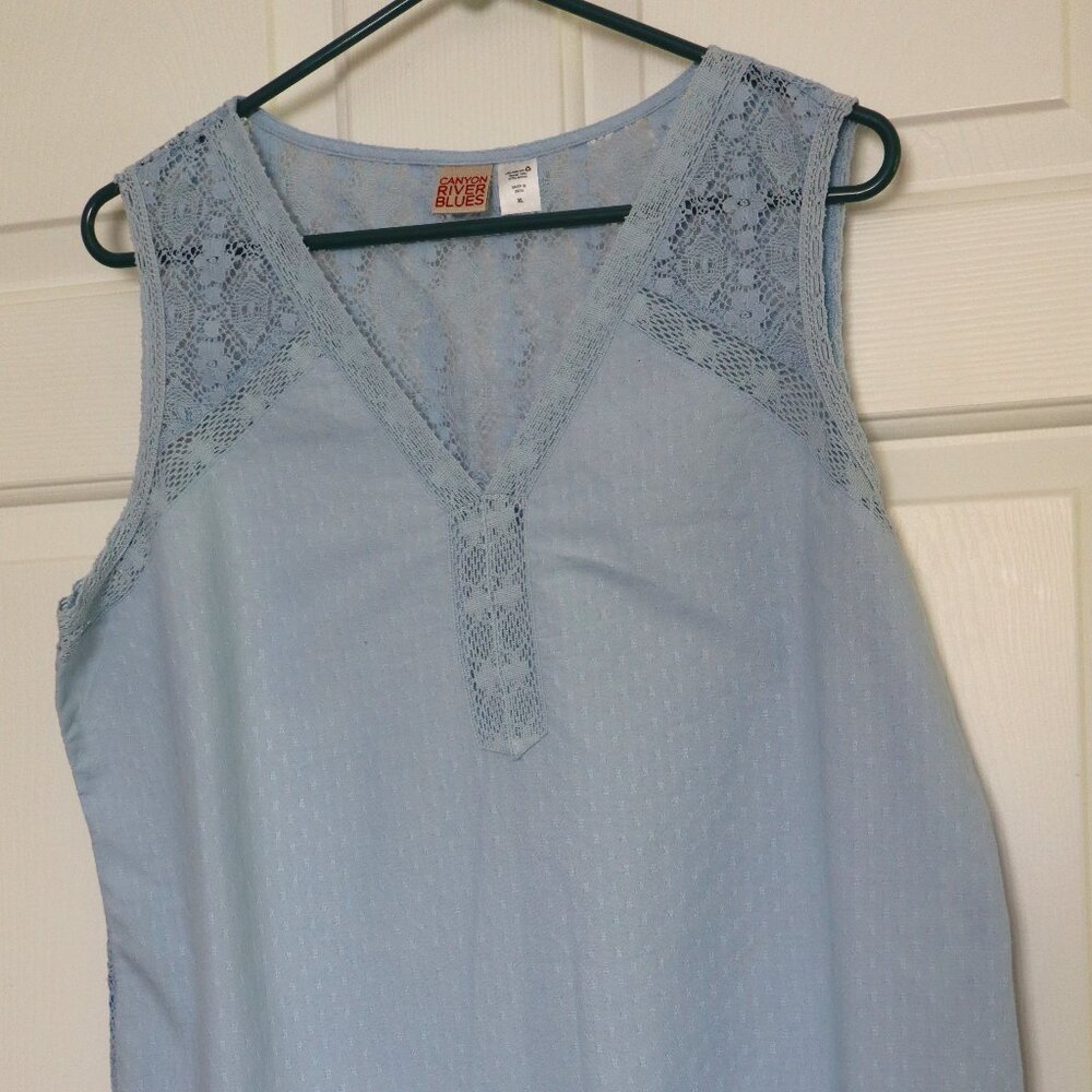Women's Blue Sleeveless Tank Top w. Lace Back Panel and Shoulders Cotton/Nylon